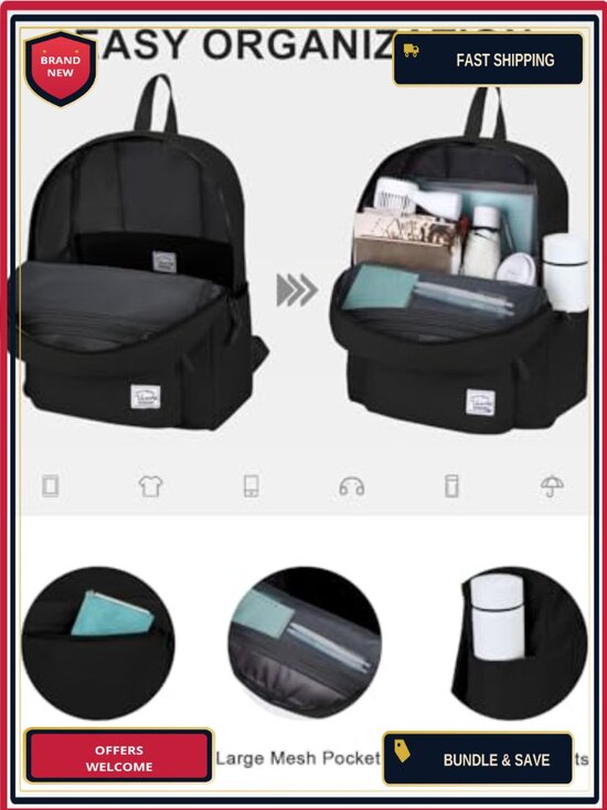 Lightweight Water Resistant Backpack with Bottle Pockets for School Travel